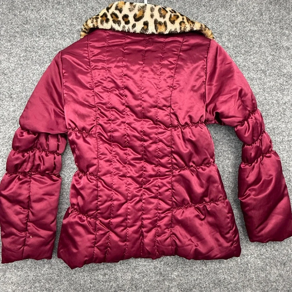Hawke & Co Girls Puffer Jacket Burgundy Faux Fur Leopard‎ Collar 10/12 Quilted
